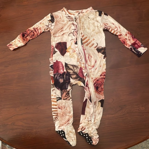 Posh Peanut Black Rose Footie Ruffled 2-Way Zippered One Piece - Picture 1 of 4
